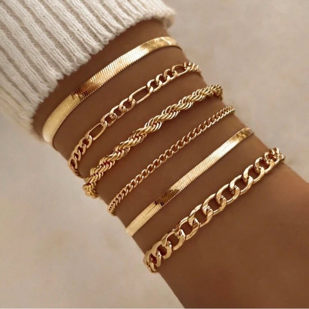 Gold 6pc Dainty Minimalist Chain Bracelet Set